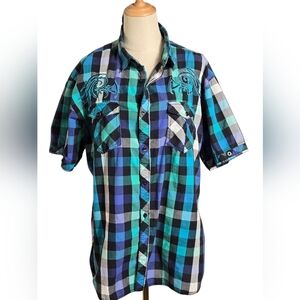 Route 66 Blue and Green Plaid Tribal Embroidered 90s/Y2K Men's Button Down Shirt